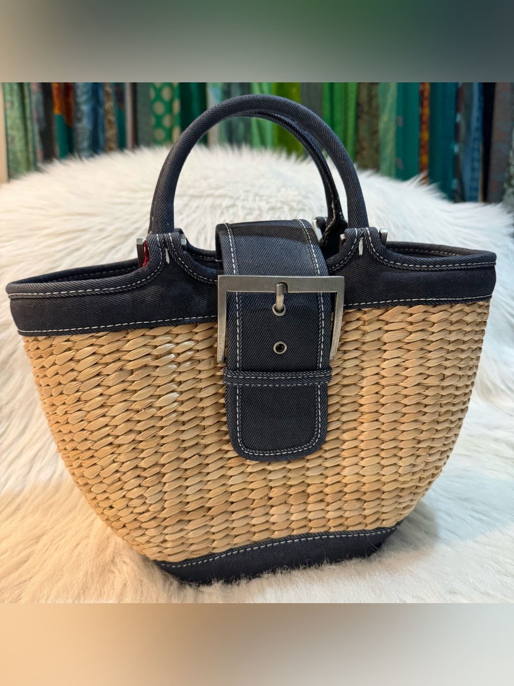 Bath & Body Works Denim & Raffia Small Satchel Tote Buckle Blue Natural GUC